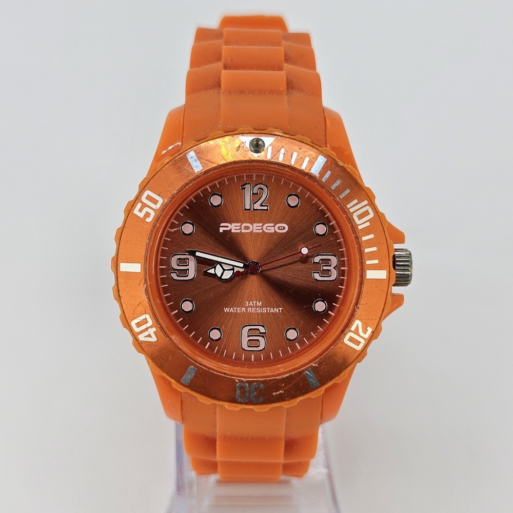 Men's Watch 43MM Analog Orange Dial Orange Plastic Bands New Battery